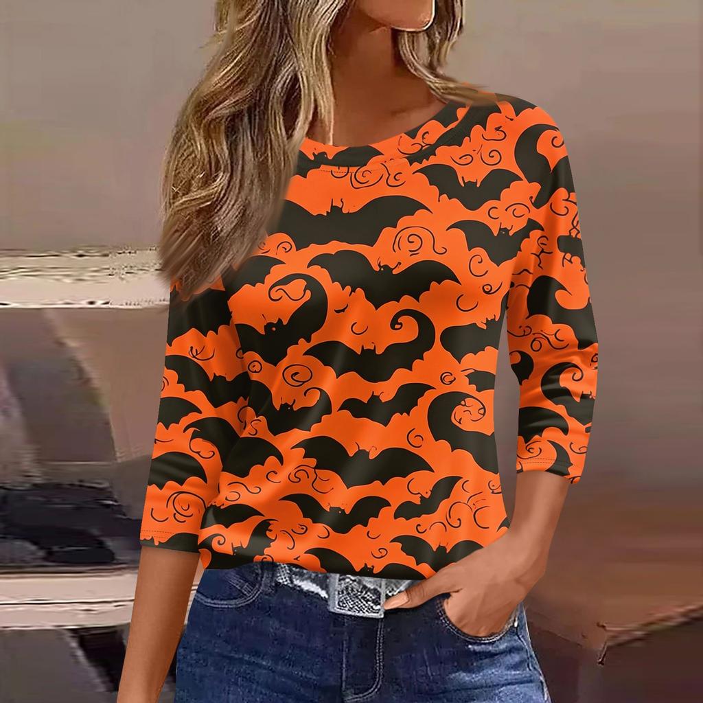 Women 3/4 Sleeve Casual Loose Fit Round Neck Shirt Halloween Bat Print Lightweight Pullover Top for Everyday Wear