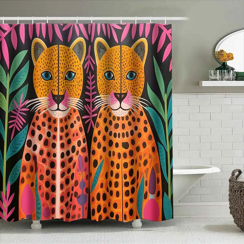 Modernes Boho Tierprint Duschvorhang-Set Für Badezimmerdekor Lebendiges Oranges Leopardenmuster Mit Grünpflanzen Perfektes Geschenk! (Set Incl