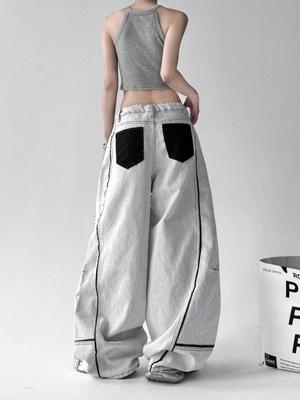Unisex American Retro Patchwork Wide-Leg Gray and White Jeans - 2025 Summer Casual Loose Fit