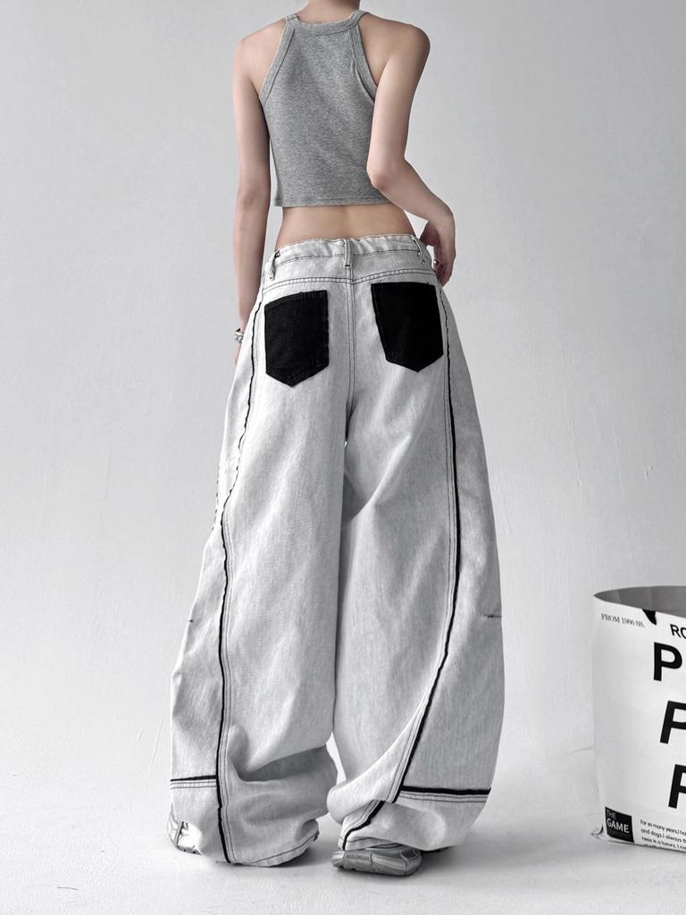 Unisex American Retro Patchwork Wide-Leg Gray and White Jeans - 2025 Summer Casual Loose Fit