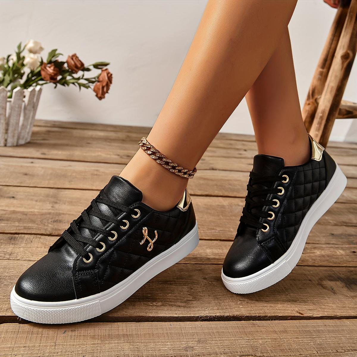 

Женские стеганые кроссовки для скейтбординга, низкие кеды на плоской подошве с металлической пряжкой, повседневные белые кроссовки для ходьбы 35 чёрный