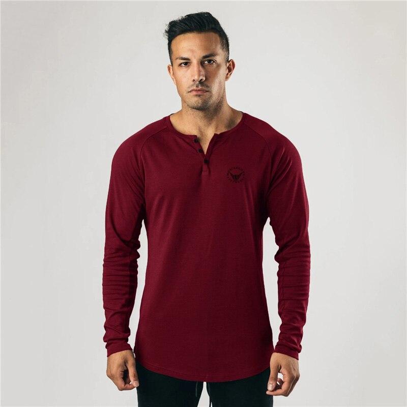 

Весенне-осенняя мужская модная тонкая хлопковая футболка с воротником Генри с длинным рукавом для бодибилдинга XXL бордовый