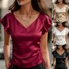 Neues Satin-V-Ausschnitt-Rüschen-Kordelzug-Oberteil im französischen Stil für Damen, Modebluse im europäischen amerikanischen Stil