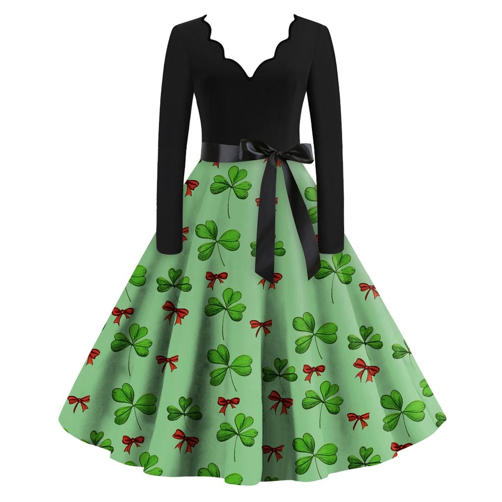 Women's St. Patrick's Day Print V-Neck Slim Fit Long Sleeve Swing Dress