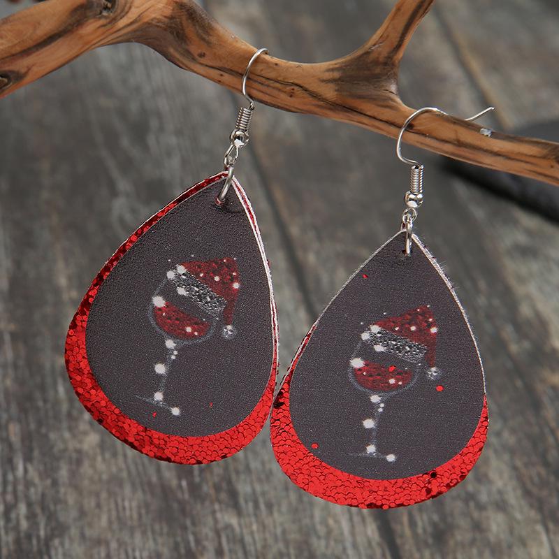 Einzigartige Weihnachts-Ohrringe in Tropfenform mit Pailletten und Leder, mit Weinglas- und Hut-Design
