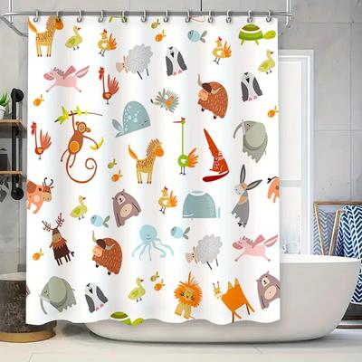 Animal Print Shower Curtain Set Cartoon Animal Designs for Kids Bathroom Decor – Waterproof Fabric with Hooks (White)