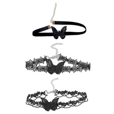3 Pcs Black Lace Butterfly Choker Necklace Punk Clavicle Chain Necklace Adjustable Collar Chain Statement Jewelry