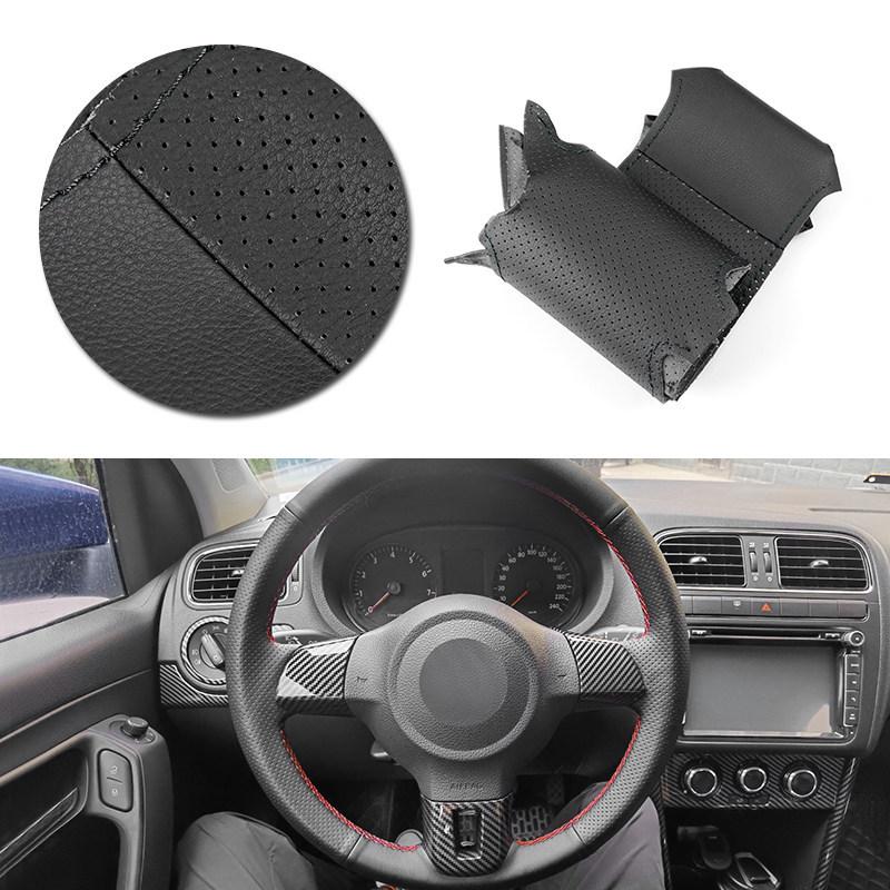 For VW Golf 6 Jetta MK6 Bora Polo Sagitar Santana Car Accessories Black Perforated-Microfiber Leather Steering Wheel Cover Trim