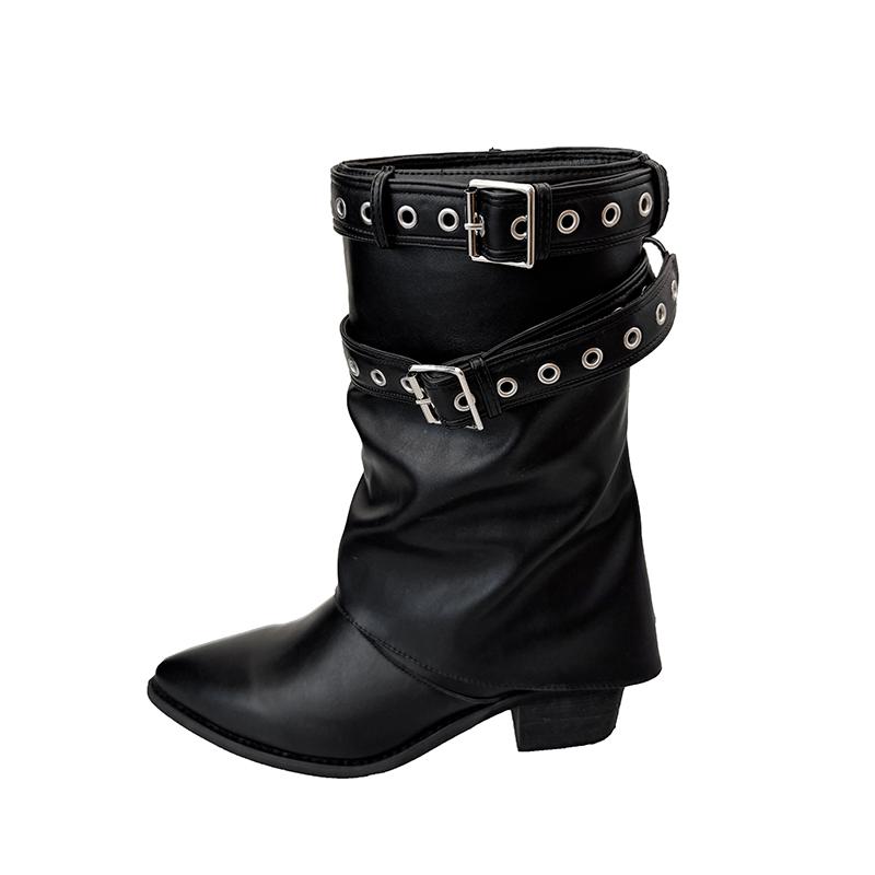 Fashion 2025 Summer New Pointed Rivet Block Heel Women's Mid-leg Boots