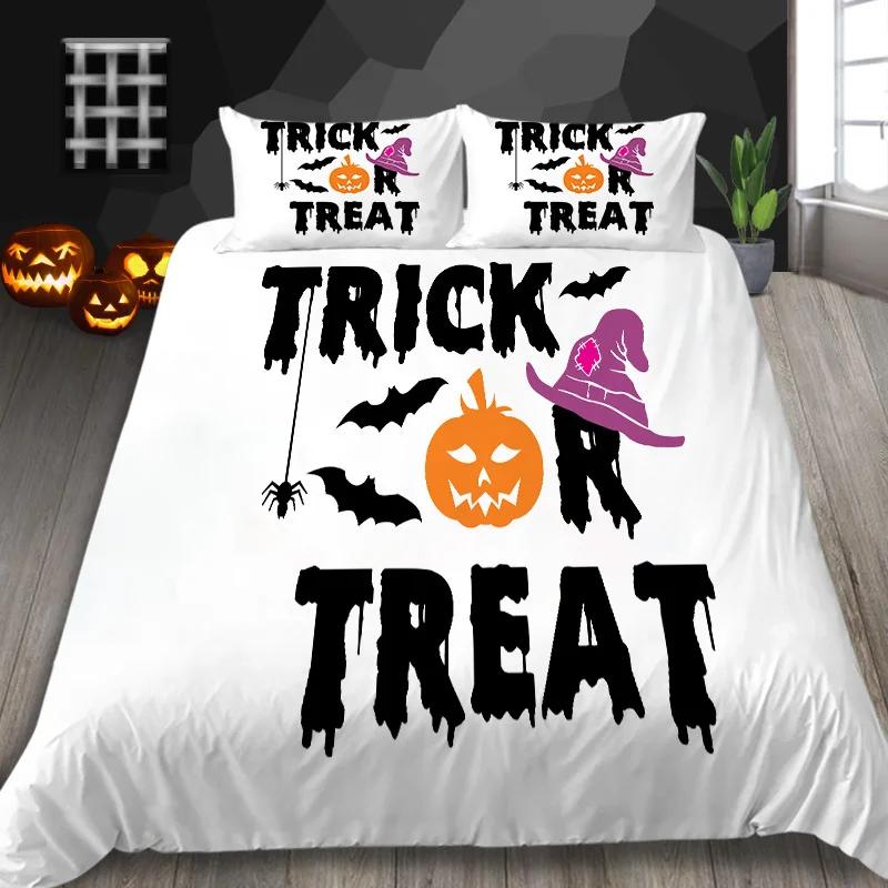 Halloween King Queen Duvet Cover Kawaii Cartoon Skull Bedding Set Kids Boys Orange Pumpkin Skeleton 2/3pcs Polyester Quilt Cover