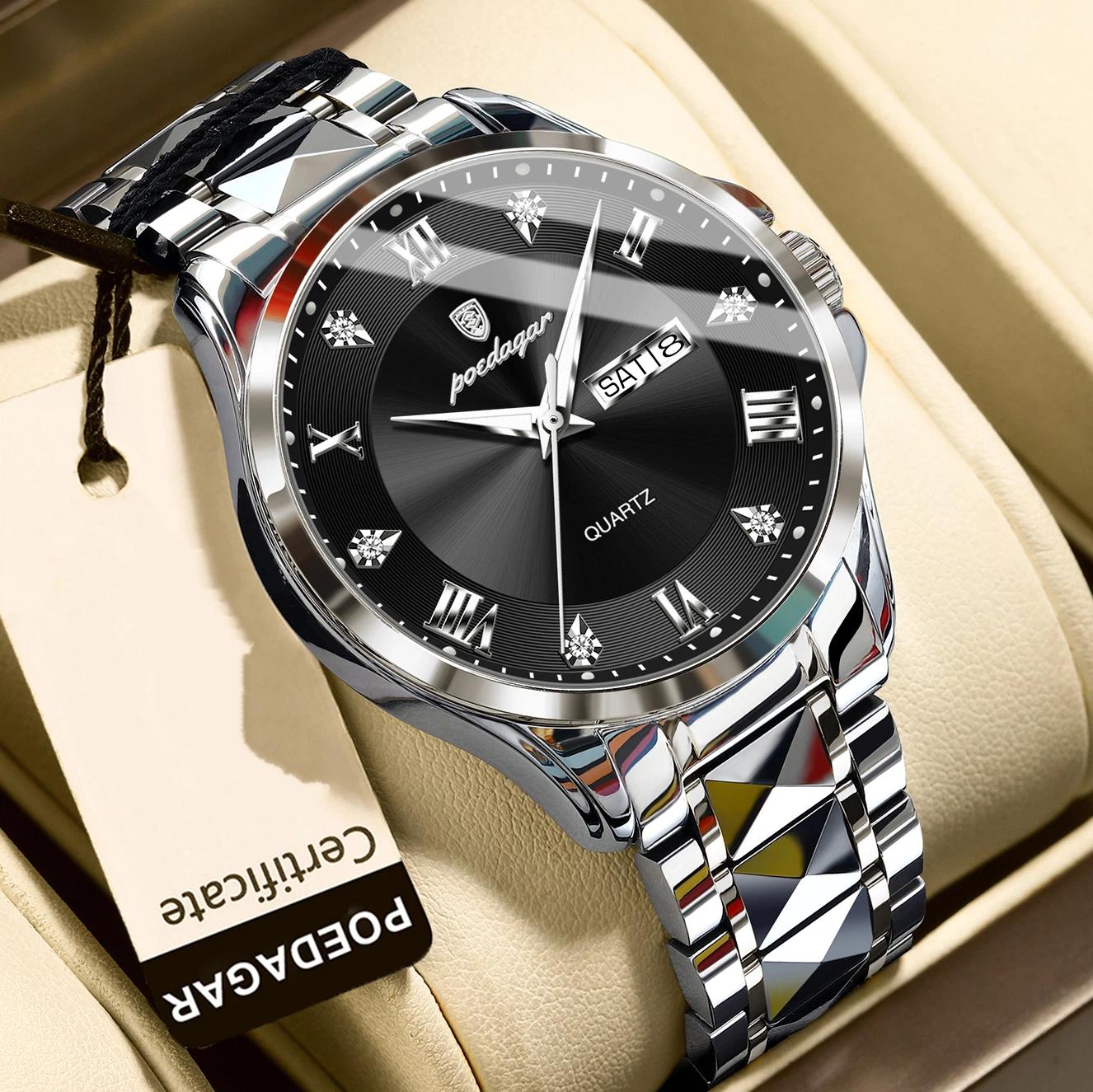 

POEDAGAR Fashion Military Men Clock Waterproof Luminous Date Week Man Wristwatch Stainless Steel Quartz Watches Male срібний/чорний