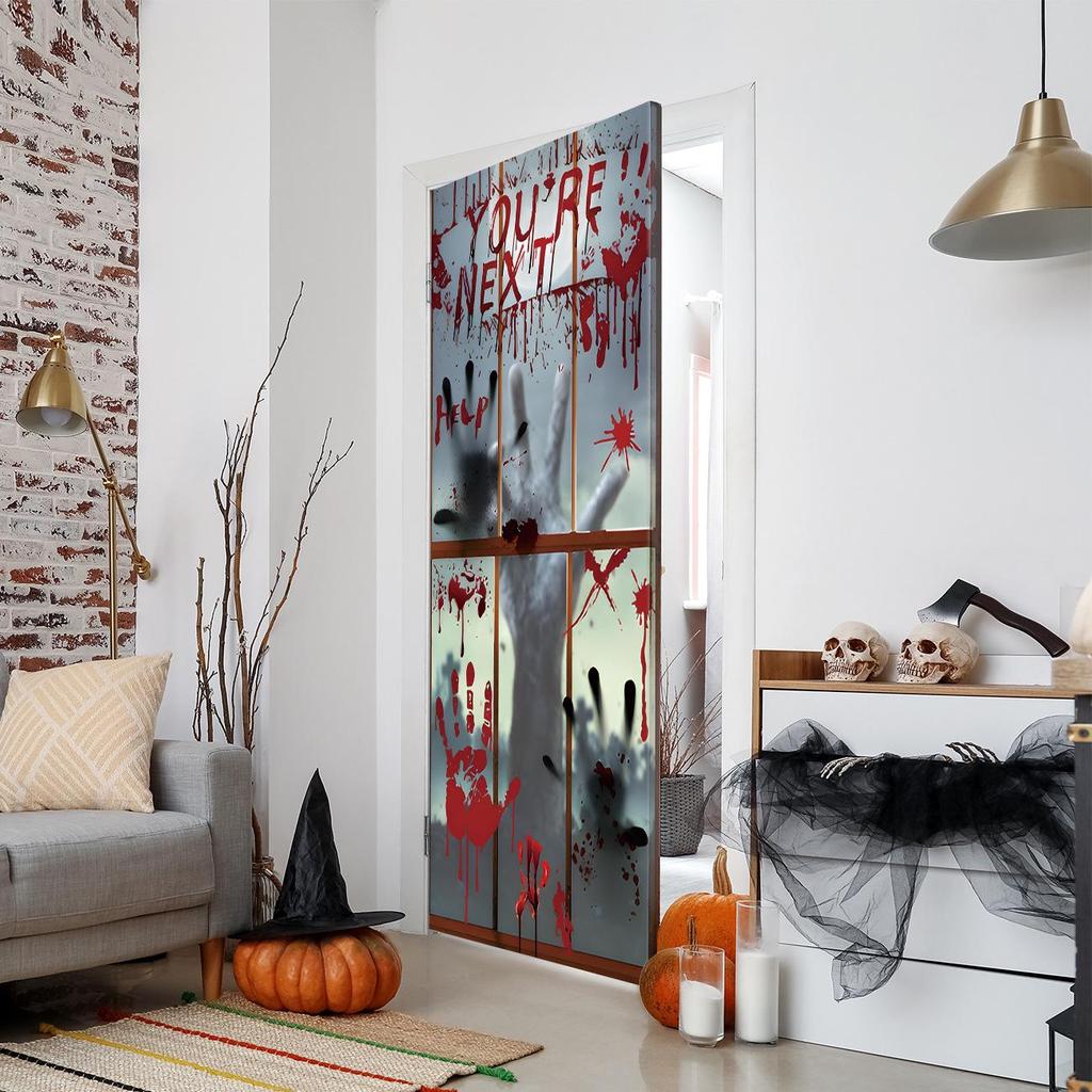 Four-Sided Stretch Carpet Fabric Door Cover with Halloween Design - Easy Installation