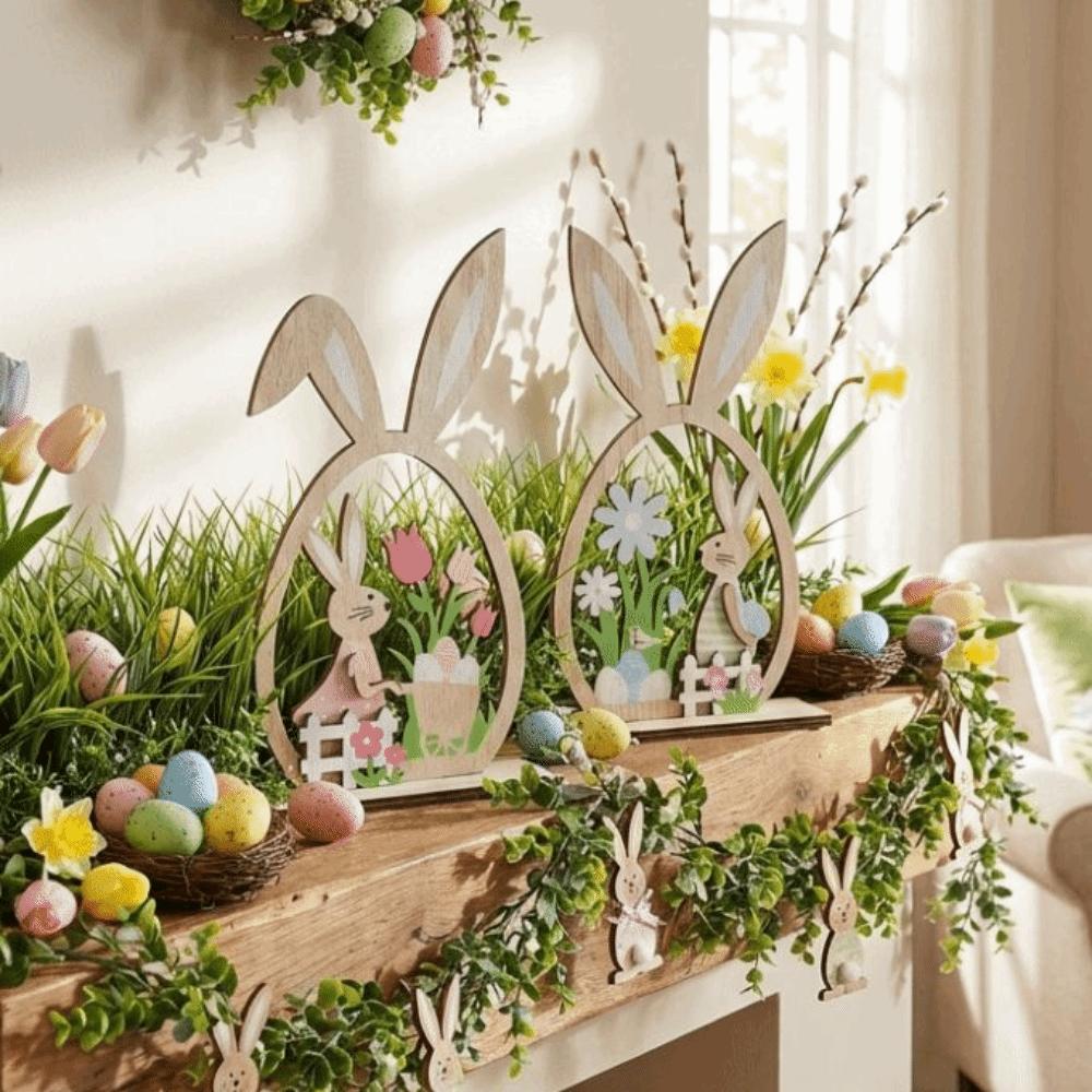 2Pcs Farmhouse Rustic Wooden Easter Rabbit Hand-Painted Easter Table Decor  Table Mantel