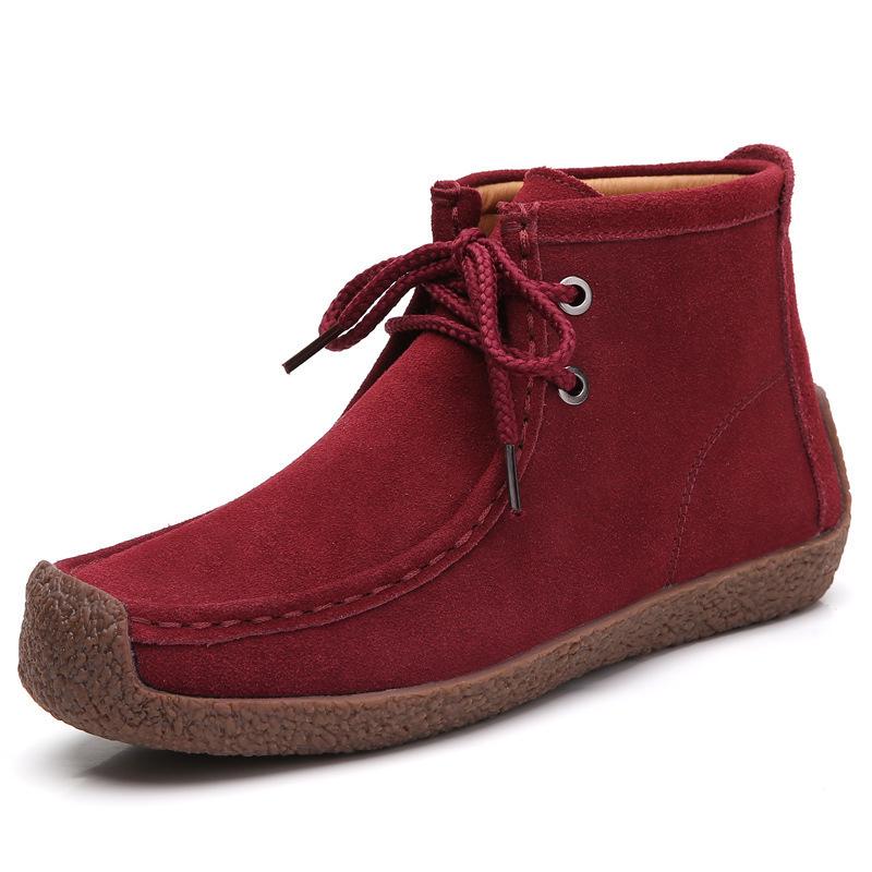 Women Cow Suede Leather Boots Warm Comfort Soft Flat Shoes Lace Up Ladies Martin Short Boots