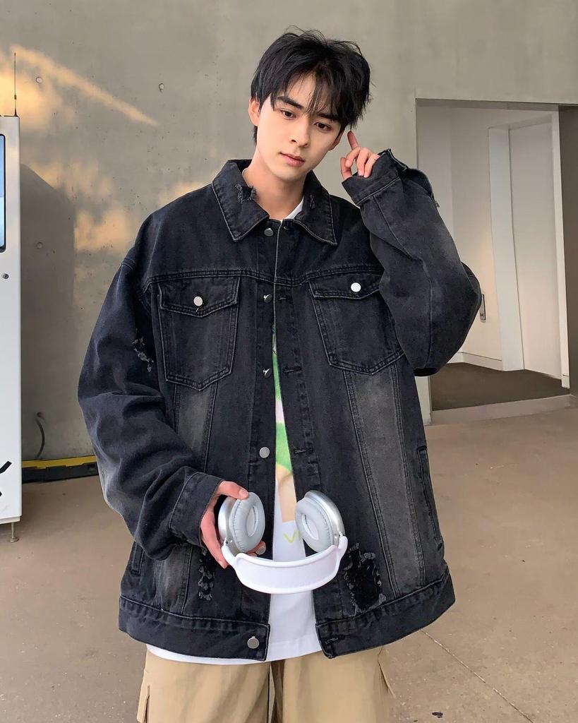 Men's Multi-Pocket Ripped Denim Jacket - Spring/Autumn, Trendy American Retro Street Style