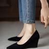 FHANCHU Europea 2025 Spring Sheepskin Leather Wedges Shallow Shoes,Women Pumps,High Heels,Slip On,Pointed Toe,Black,Dropship