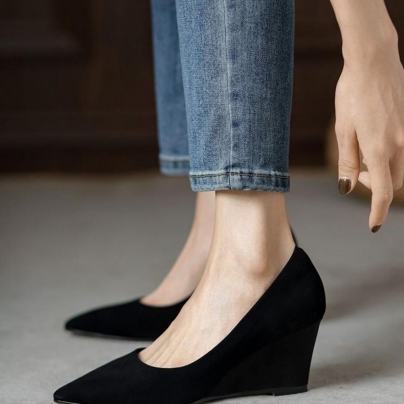 FHANCHU Europea 2025 Spring Sheepskin Leather Wedges Shallow Shoes,Women Pumps,High Heels,Slip On,Pointed Toe,Black,Dropship