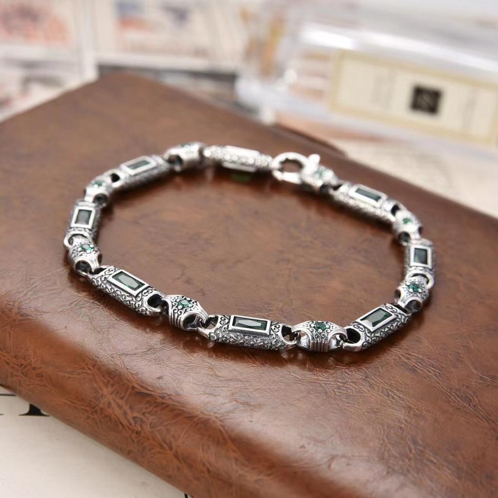 New Chinese Street Style Blue Square Zircon Bracelet for Men Retro Punk Biker Full-Zircon Hip Hop Jewelry