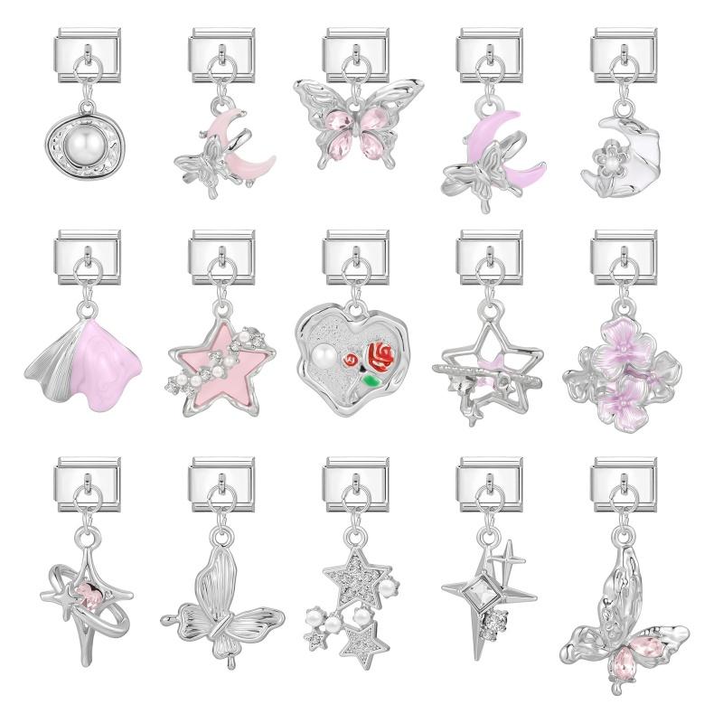Pink Butterfly Romantic Flowers Heart Star Moon Pendant Italian Charm Links Fit 9mm Bracelet Stainless Steel DIY Making Jewelry