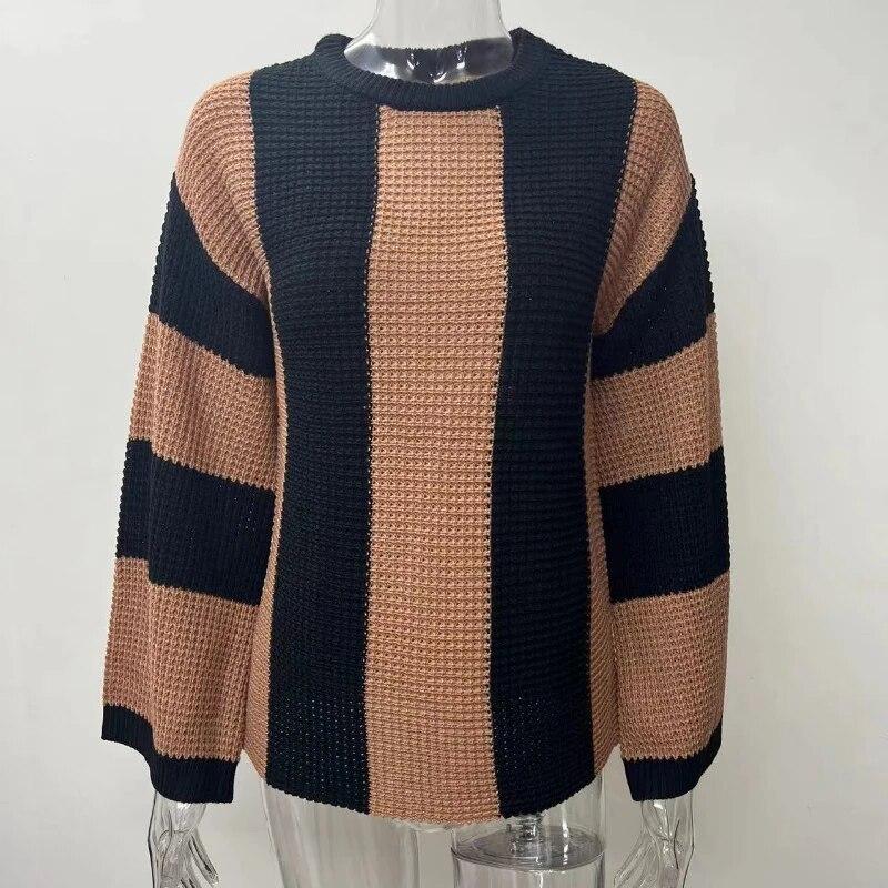 Lady Outwear Pullovers Striped Loose Fit Knitted Pullovers Women Autumn Spring Fashion Long Sleeve Knitwear Sweater Sexy