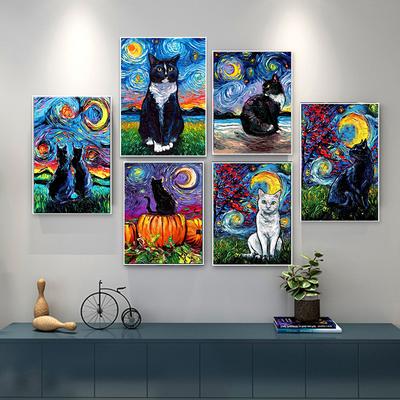 Starry Night Cat Abstract Animal Posters and Prints Vintage Canvas Painting Wall Art Picture for Living Room Corridor Home Decor