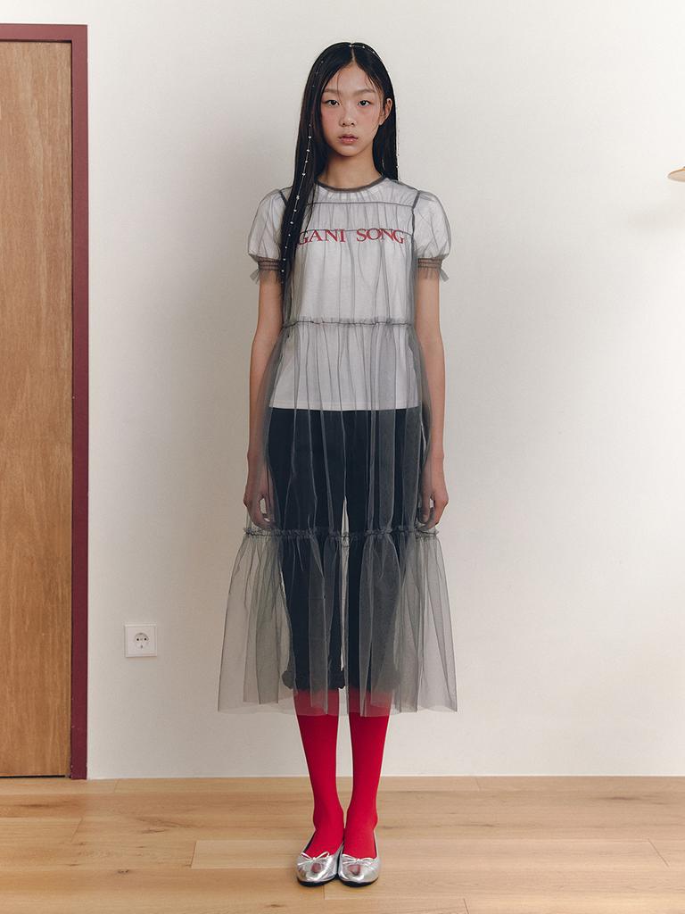 Ganiesong Mesh Shirring Romantic Dress_Gray