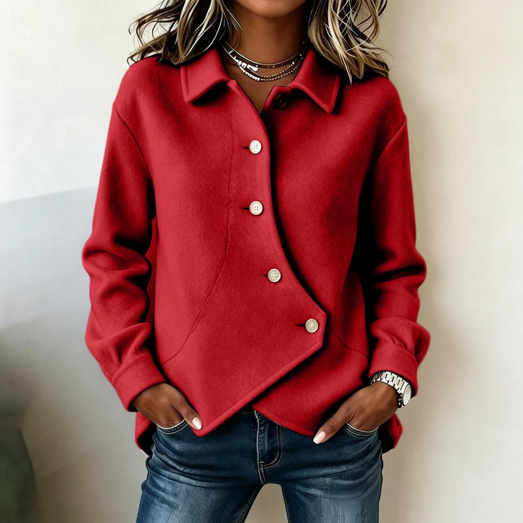 Women's collared button-down design solid-colored wool coat top