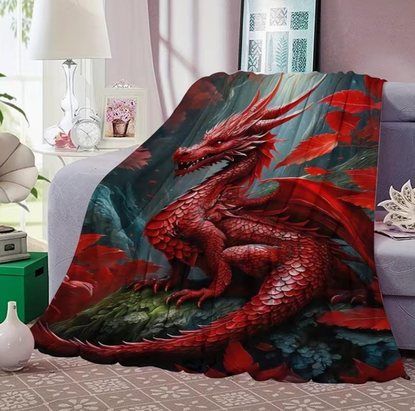 Red Dragon Style Flannel Printed Gift Blanket Warmth Throw Blanket AllSeason Cozy Suitable Bed Car Camping Irish Gift St Day
