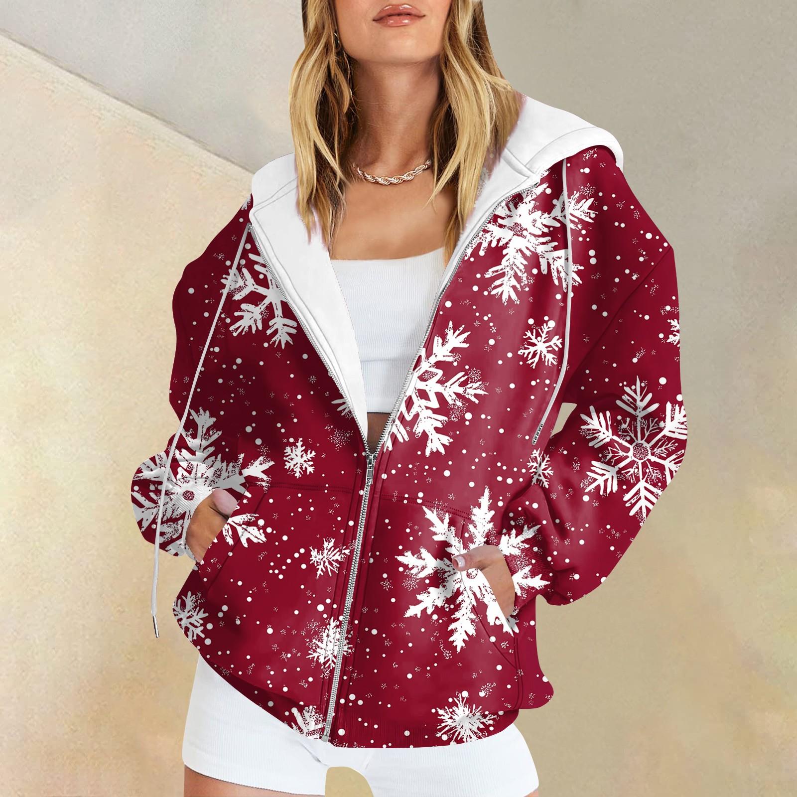 

Женская длинная куртка-кардиган с рождественским принтом и карманами на молнии с капюшоном S красный