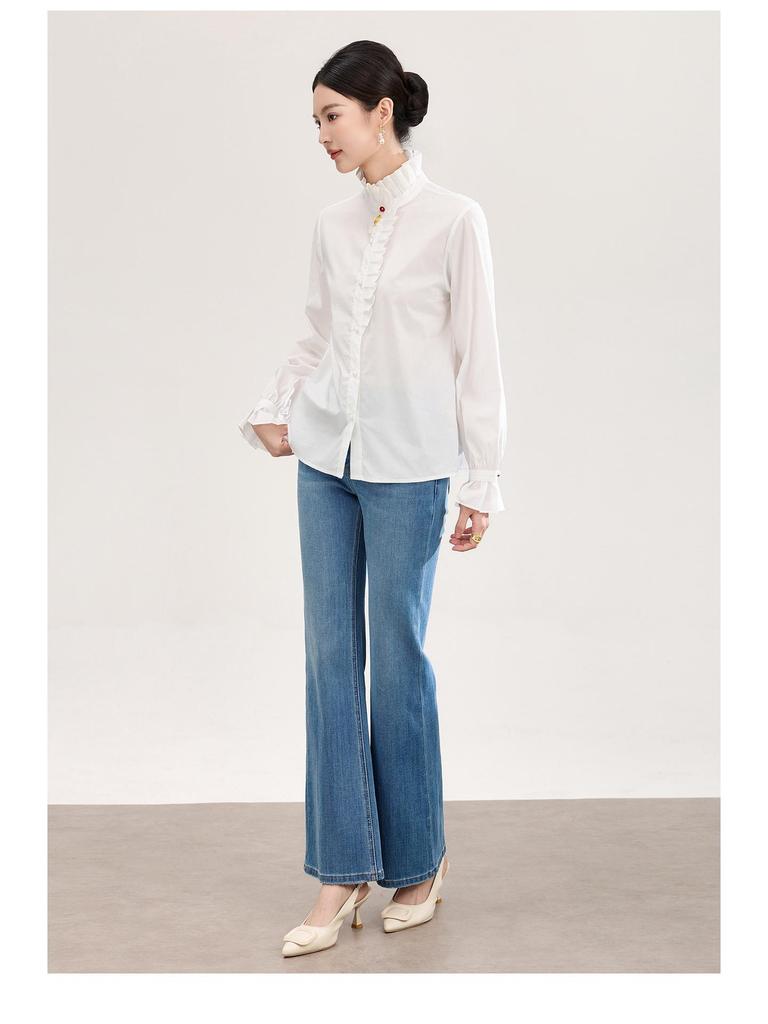 Damen Hemd aus reiner Baumwolle mit französischem Rüschenbesatz - Frühlings-Oberteil mit Micro-Flare Langarm