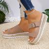 New platform slippers women's outer wear belt buckle open toe one-word drag hemp rope woven bottom large size sandals