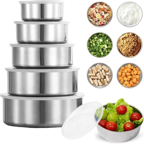 Liroyal 5-Piece Round Stainless Steel Food Storage Container Set with PE Lids. Refrigerator-Safe, Deep Design, Airtight Food Storage Containers, Cookw