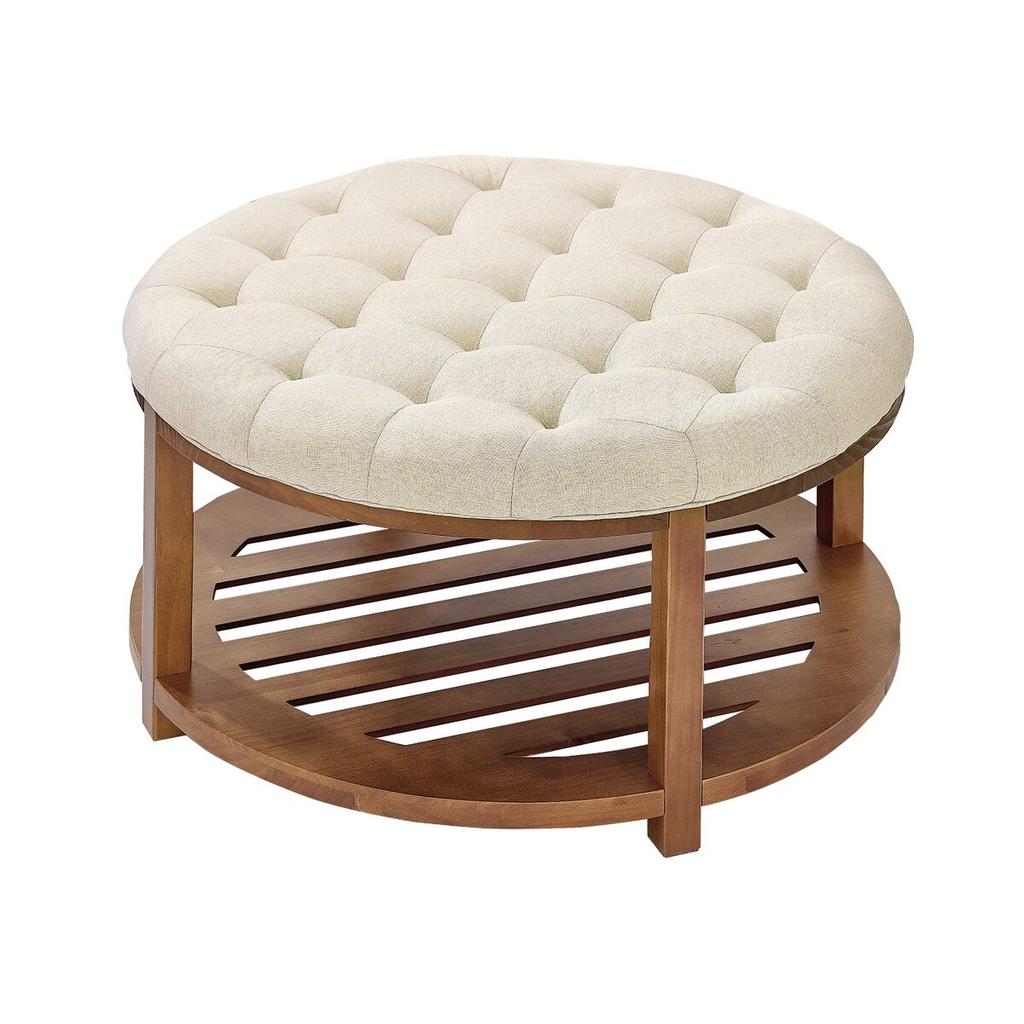 Large Round Ottoman Coffee Table, 81 cm Tufted Coffee Table with Solid Wood Shelf Storage, Linen Solid Upholstered Footrest Ottoman for Bedroom Living
