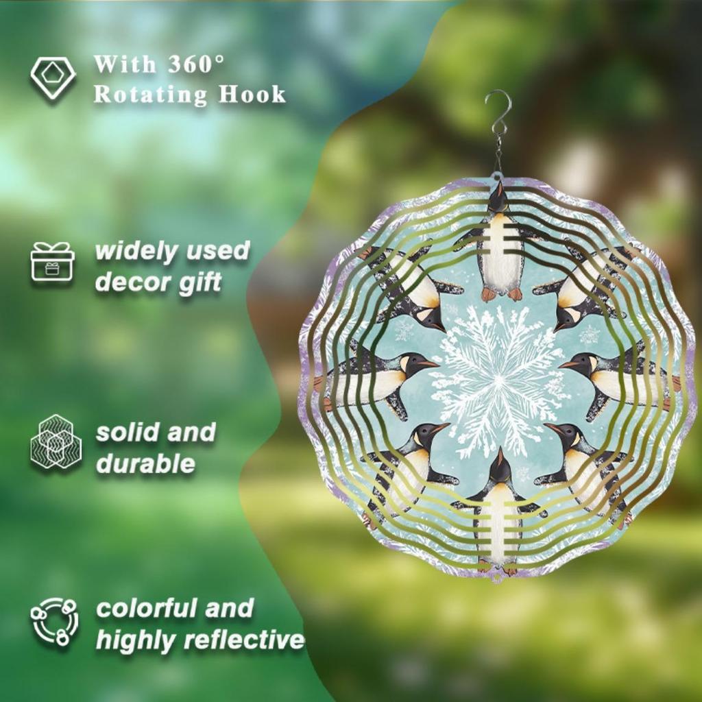 10 Zoll Hängendes Windspiel mit Drehhaken Pinguin Schneeflocken Design Blaue Grüne Akzente Gartendeko Geschenk für Freunde Familie