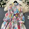 Elegant Embroidery Fancy Flower Lace Evening Maxi Dresses Women Spring Summer Single Breasted Printed Party Shirt Dress