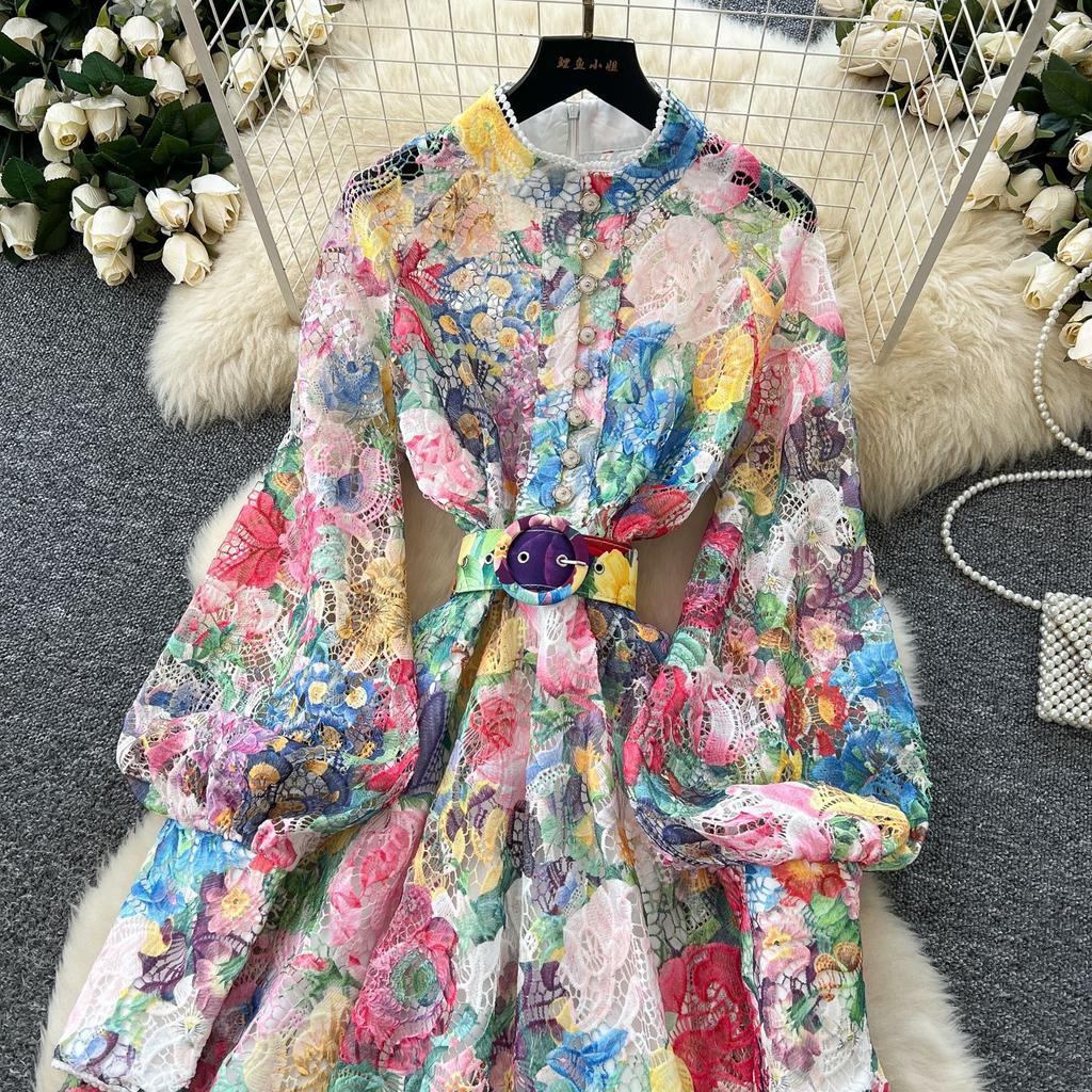 Elegant Embroidery Fancy Flower Lace Evening Maxi Dresses Women Spring Summer Single Breasted Printed Party Shirt Dress