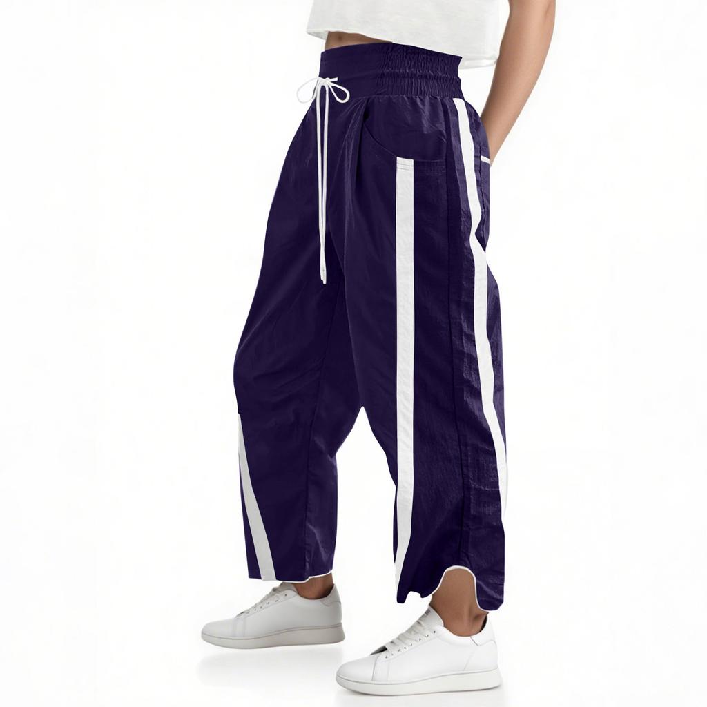Women's Baggy Wide Leg Pants Casual Drawstring Elastic Waisted Contrast Color Workout  Track Pants