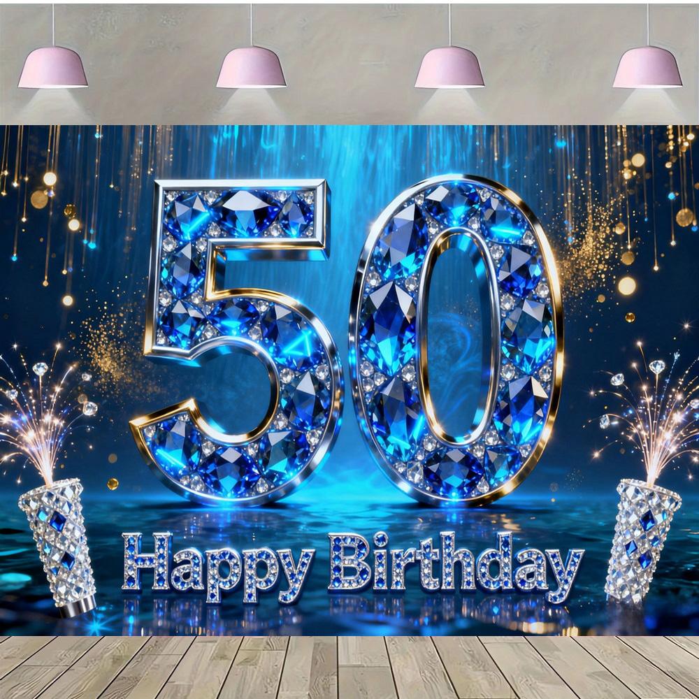 Alles Gute zum 50. Geburtstag mit Fotohintergrund zum Thema Blaue Edelsteine, Geburtstagsparty für Erwachsene, Familienfeier Dekoration Fotohintergrund