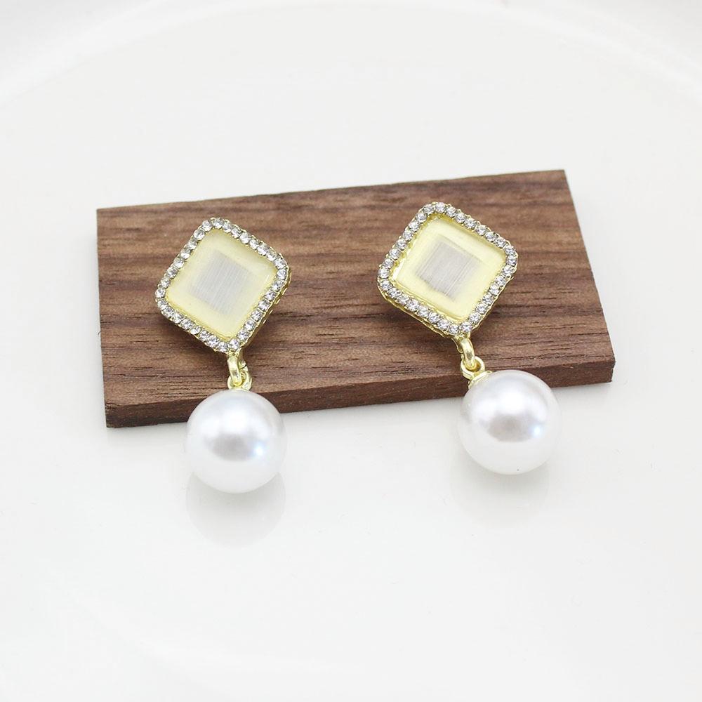 Opal Crystal Square Rhombus Round Imitation Pearl Drop Earring for Women New Simple Geometry Zircon Girlfriend Gift