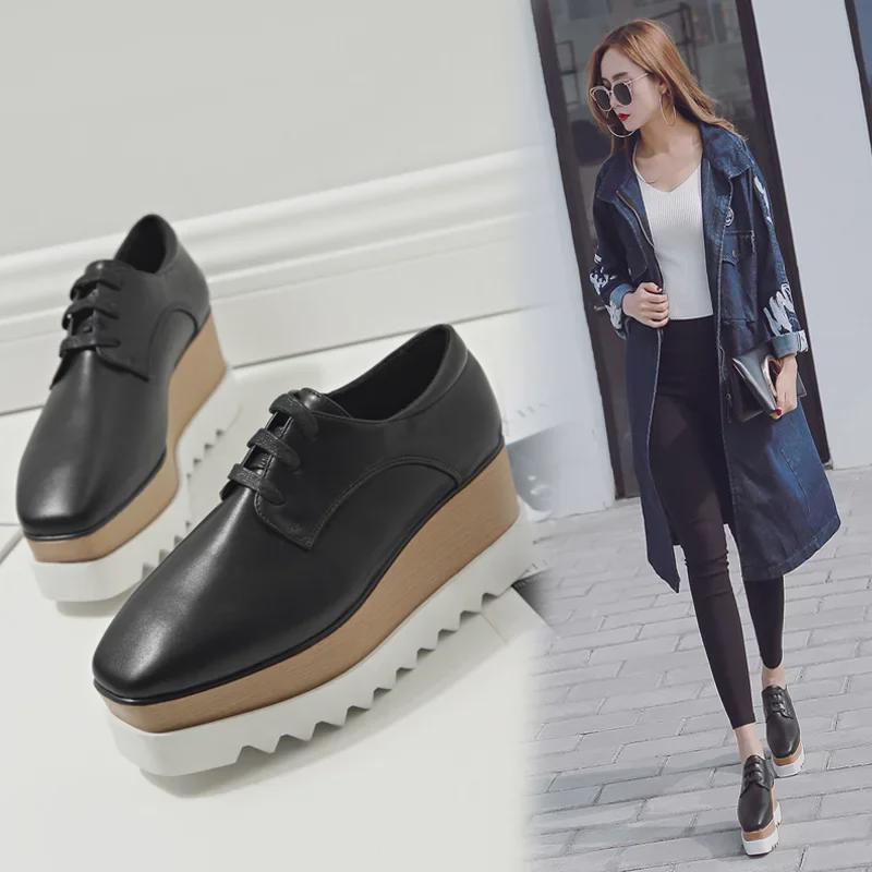 Japanese Platform Wedge Heel Shoes - 2025 Spring/Autumn Lace-Up Waterproof Leather for Women, British Style.