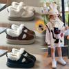 Korean Style Girls' Plush Cotton Velcro Leather Shoes - Thick Sole, Warm for Autumn/Winter 2025