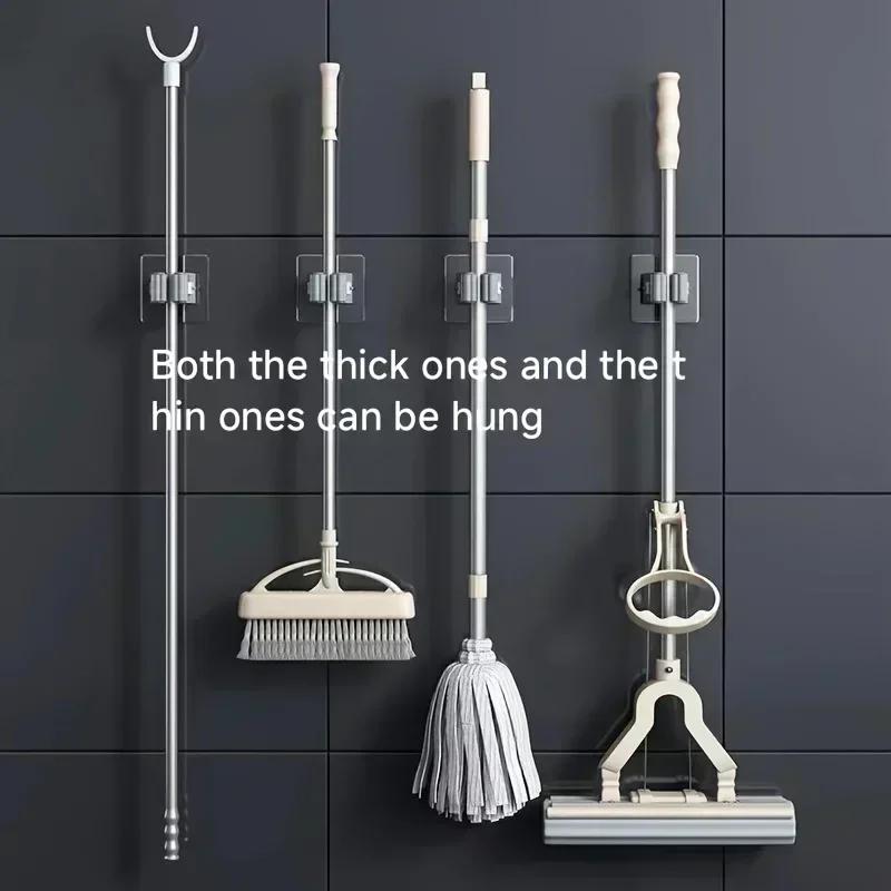 Mop Holder Storage Rack Bathroom Suction Hanging Pipe Traceless Mop Clip Broom Hanger Wall-Mounted Waterproof Rack White Amagi