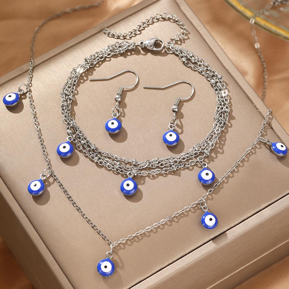 

Набор украшений из нержавеющей стали Модные висячие серьги с маленькими глазками, браслеты, ожерелья Набор из 3 предметов для женщин Ювелирные подарки