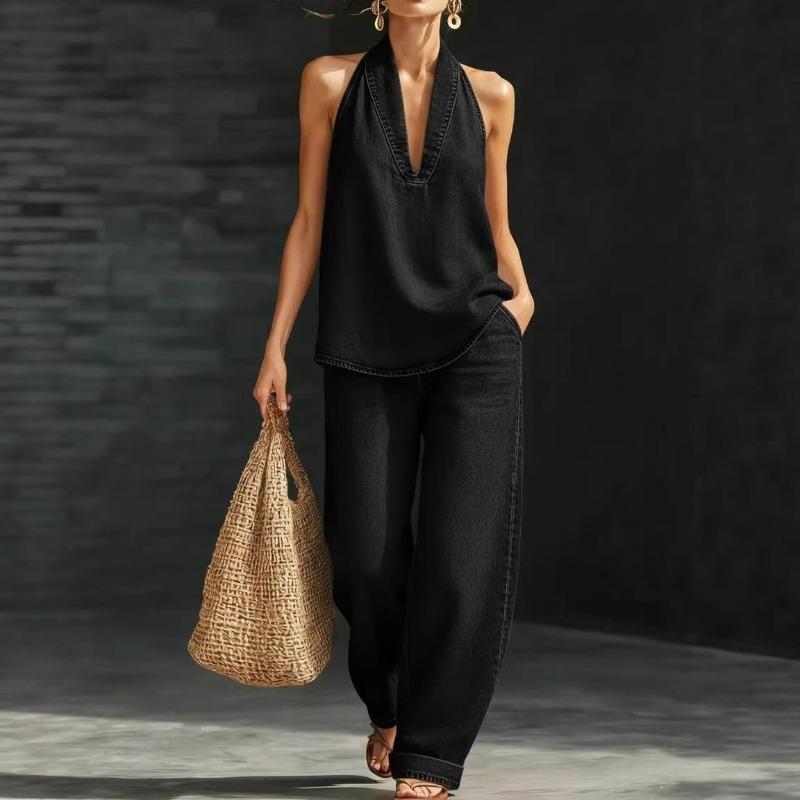 Women's Sleeveless V Neck Wide Leg Jumpsuit Loose Casual One Piece Summer Outfit