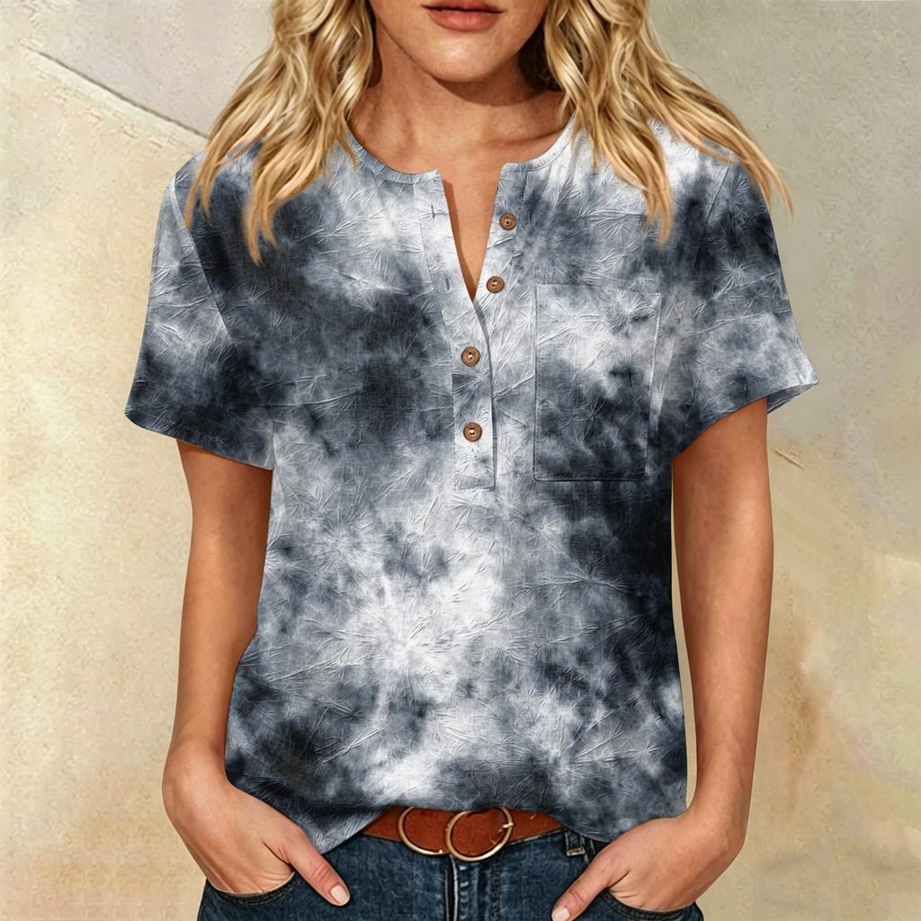 Women Henley Neck Printed Short Sleeve Cotton Linen Shirt with Front Pocket and Button Casual Fit Top