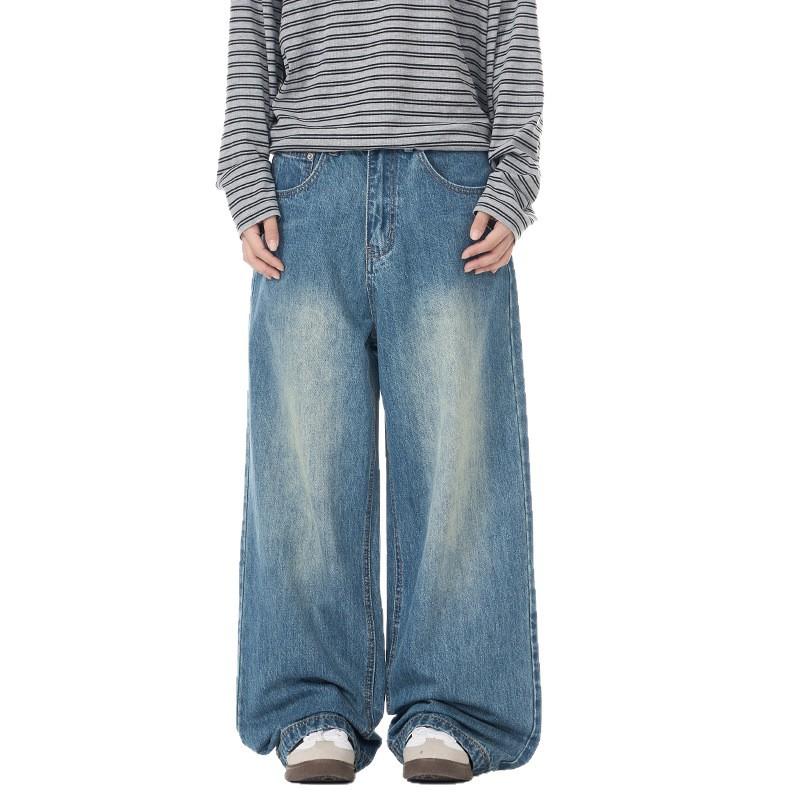 American A-line Grinding White Jeans for Men's Drape Loose High Street Simple Straight Pants