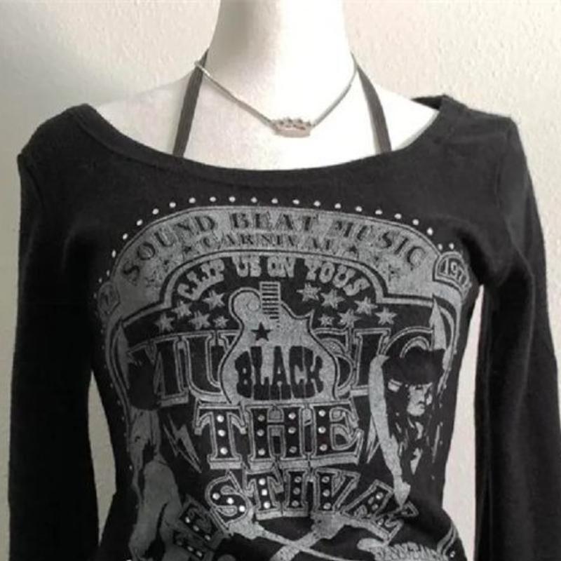 American Retro Print Vintage Long-sleeve T-shirt Women Autumn Design Vintage Base Layer Tops 2000s High Street Y2k Design Causal Clothes