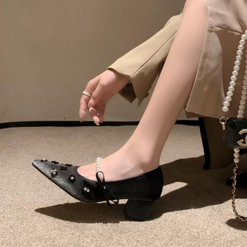 Fashion 2025 New Summer Pointed Pearl Mary Jane French Style Back Air High Heels Single Shoes Baotou Sandals Women's Coarse Heels