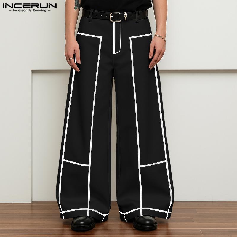 INCERUN Men Zip-up Waist Stitching Casual Long Wide Legs Pants Trousers