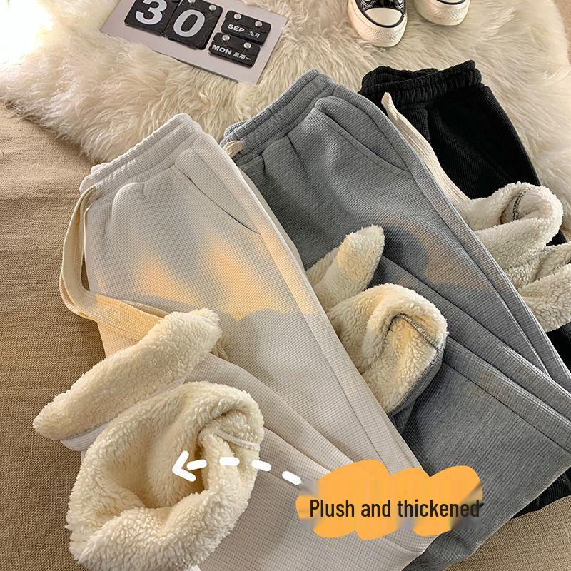 

Women s Grey Lambswool Fleece-Lined Sweatpants - Thick, Warm, Cotton Joggers for Autumn/Winter, Cuffed Casual Style. L